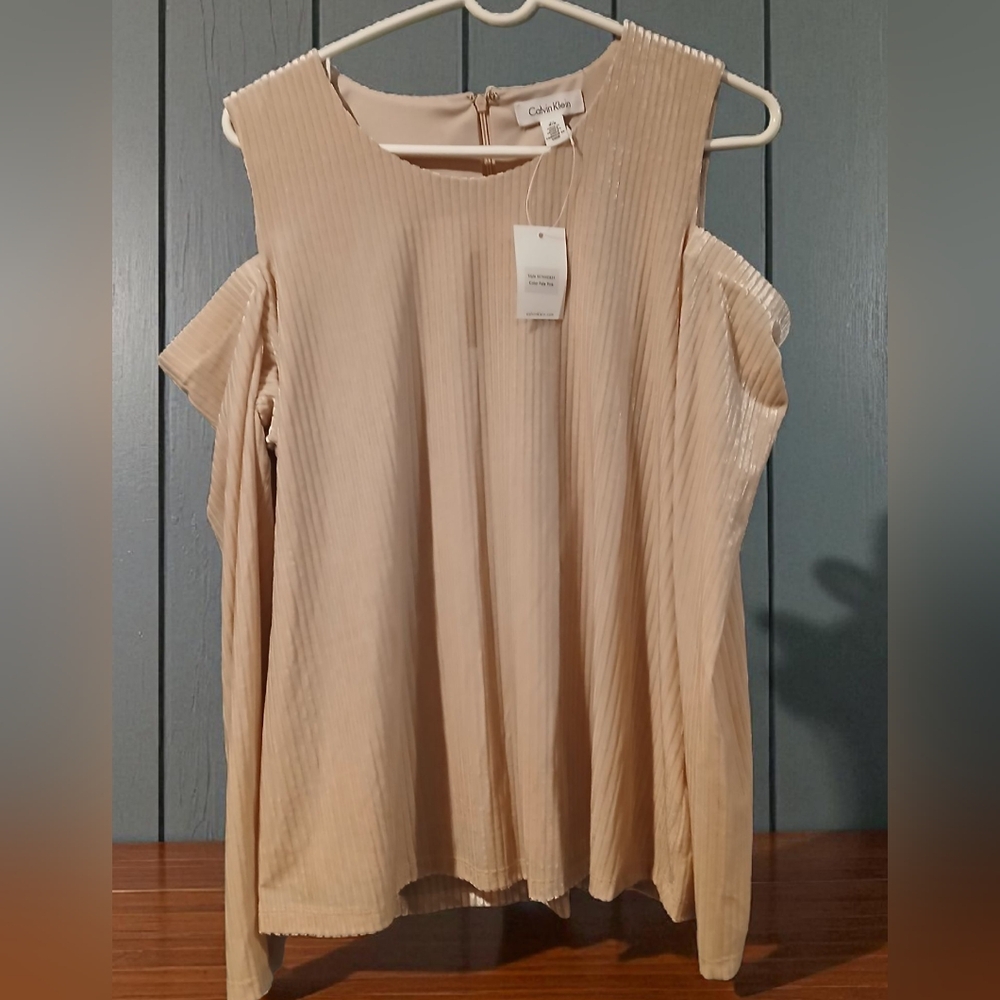 Calvin Klein Festive Blush Pink Shiny Cold Shoulder Ribbed Velvet Sweater